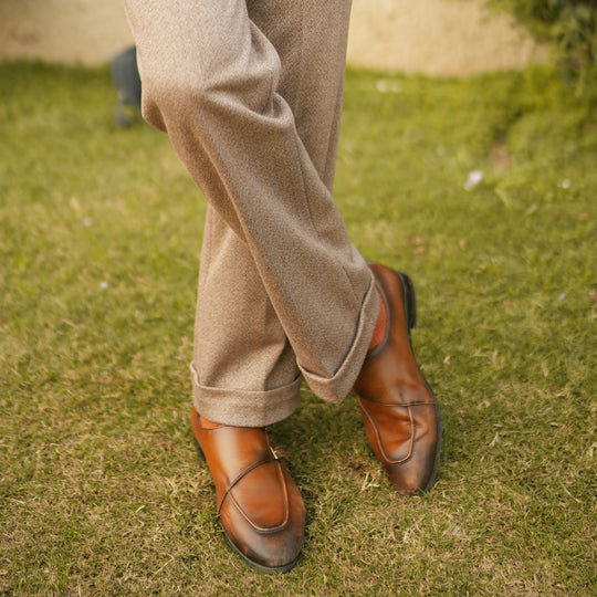 BIEGE WOOL HERRINGBONE TROUSERS