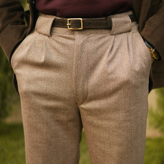 BIEGE WOOL HERRINGBONE TROUSERS