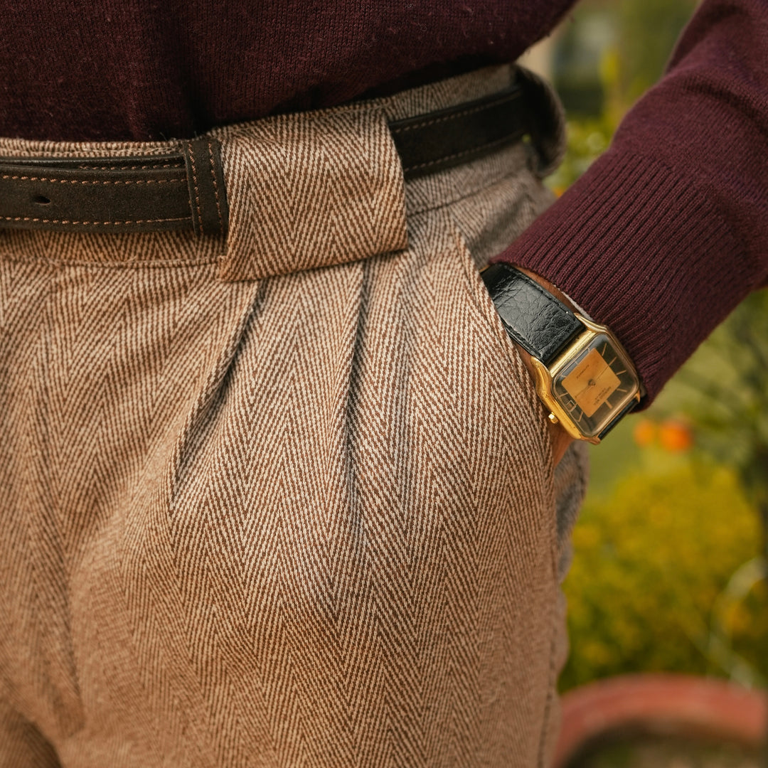 BIEGE WOOL HERRINGBONE TROUSERS
