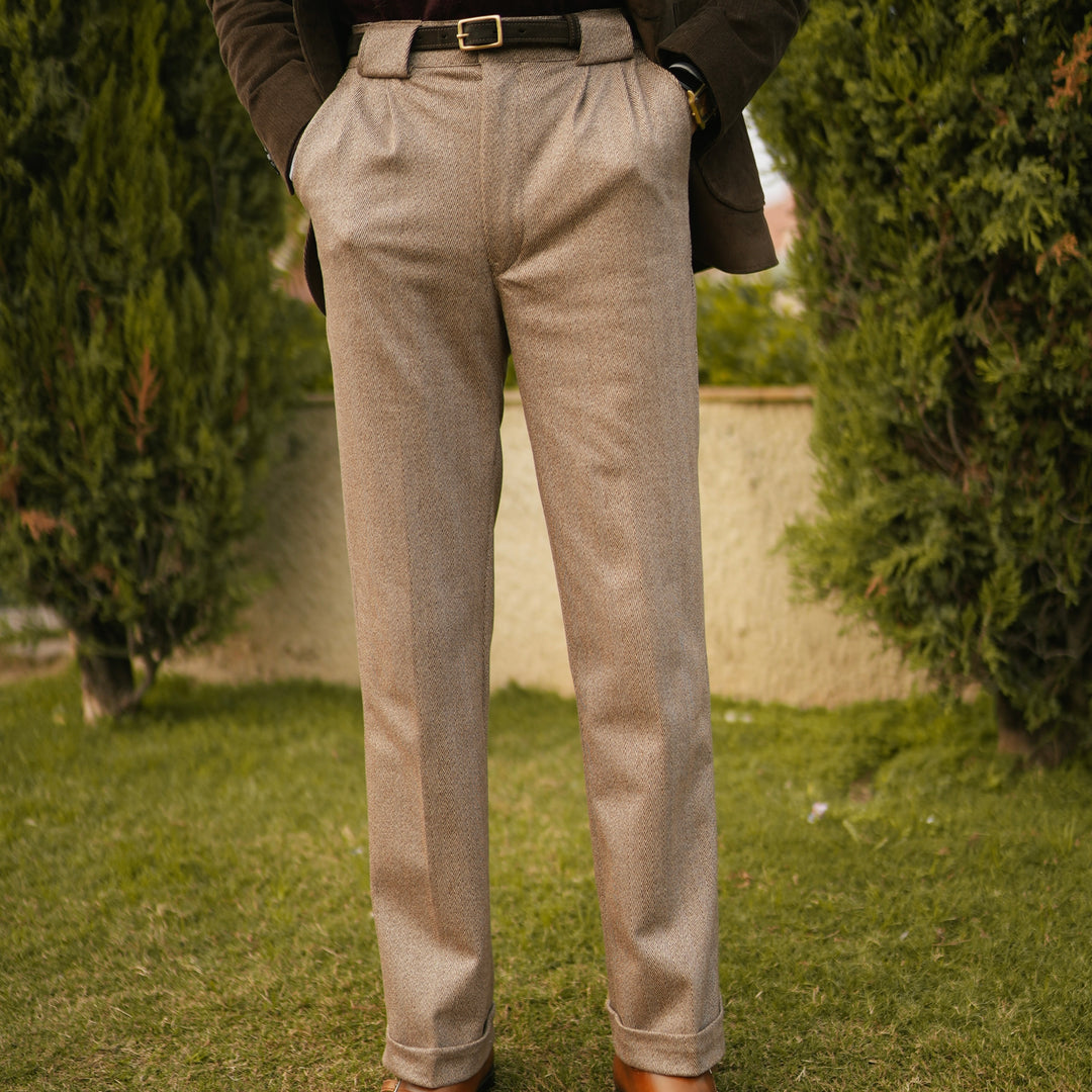 BIEGE WOOL HERRINGBONE TROUSERS