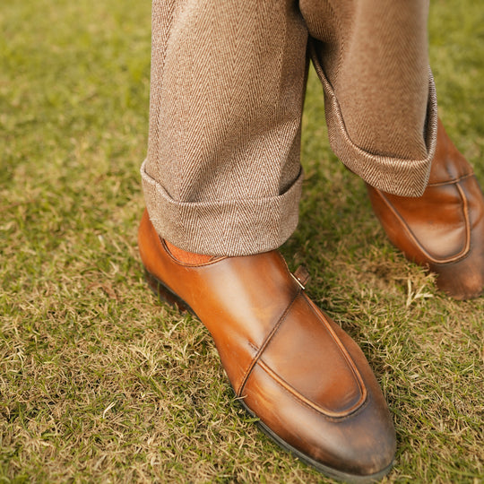 BIEGE WOOL HERRINGBONE TROUSERS