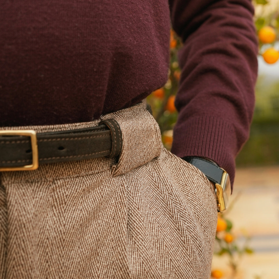 BIEGE WOOL HERRINGBONE TROUSERS
